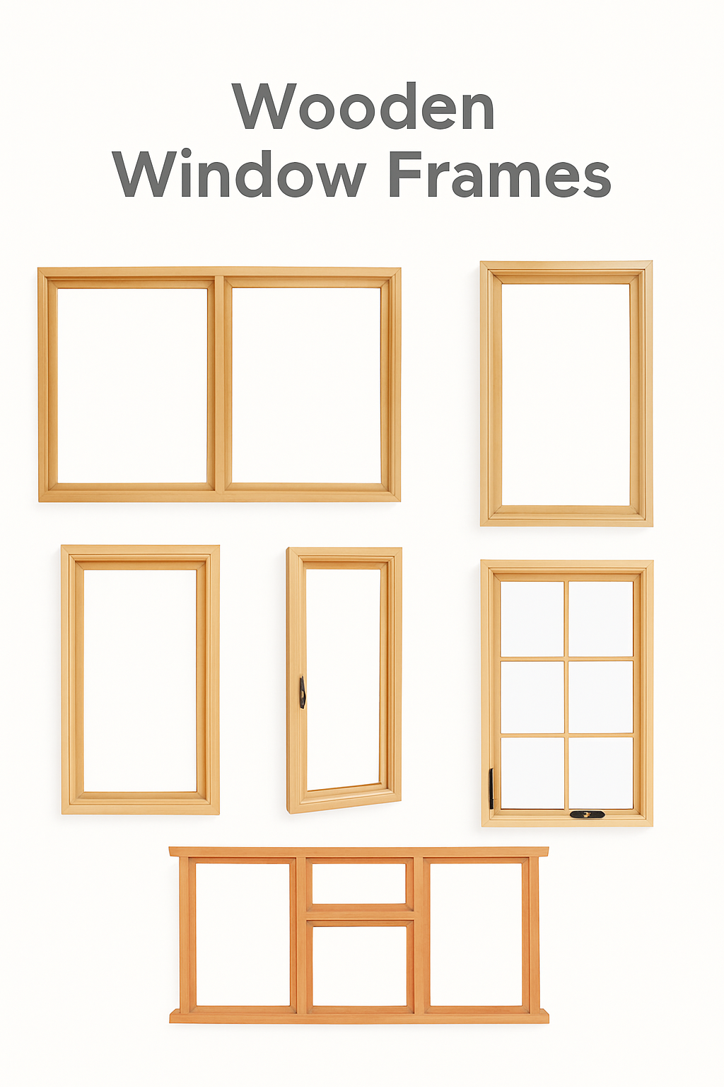Assortment of window frame designs in wood for diverse architectural needs.