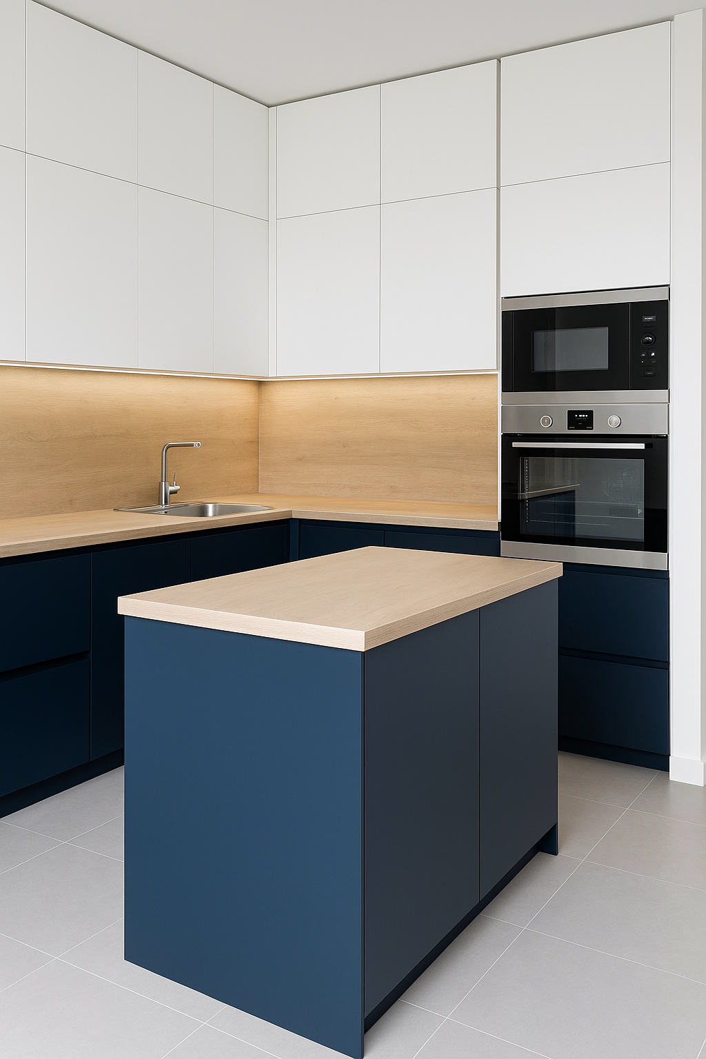 Modern kitchen with navy accents.