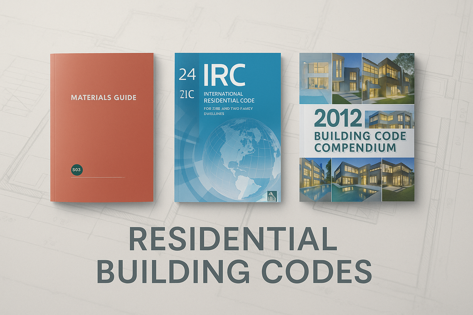 Three redesigned residential building code books with architectural drawings.