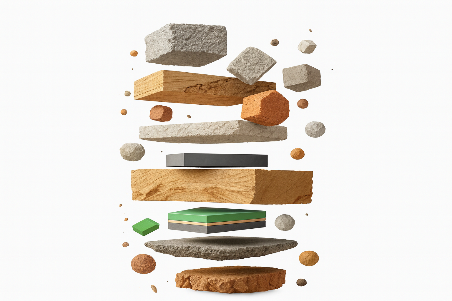 Assorted sustainable building materials including stone, wood, composites, and sustainable concrete.