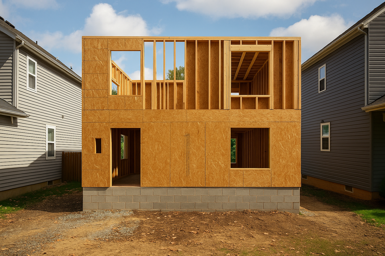 Suburban house under construction with OSB sheathing and wood framing between two finished homes.