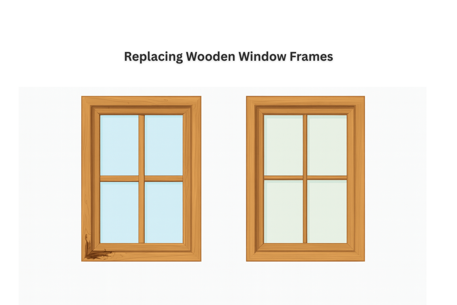 Sketch comparing a new wooden window frame with an old rotten one.