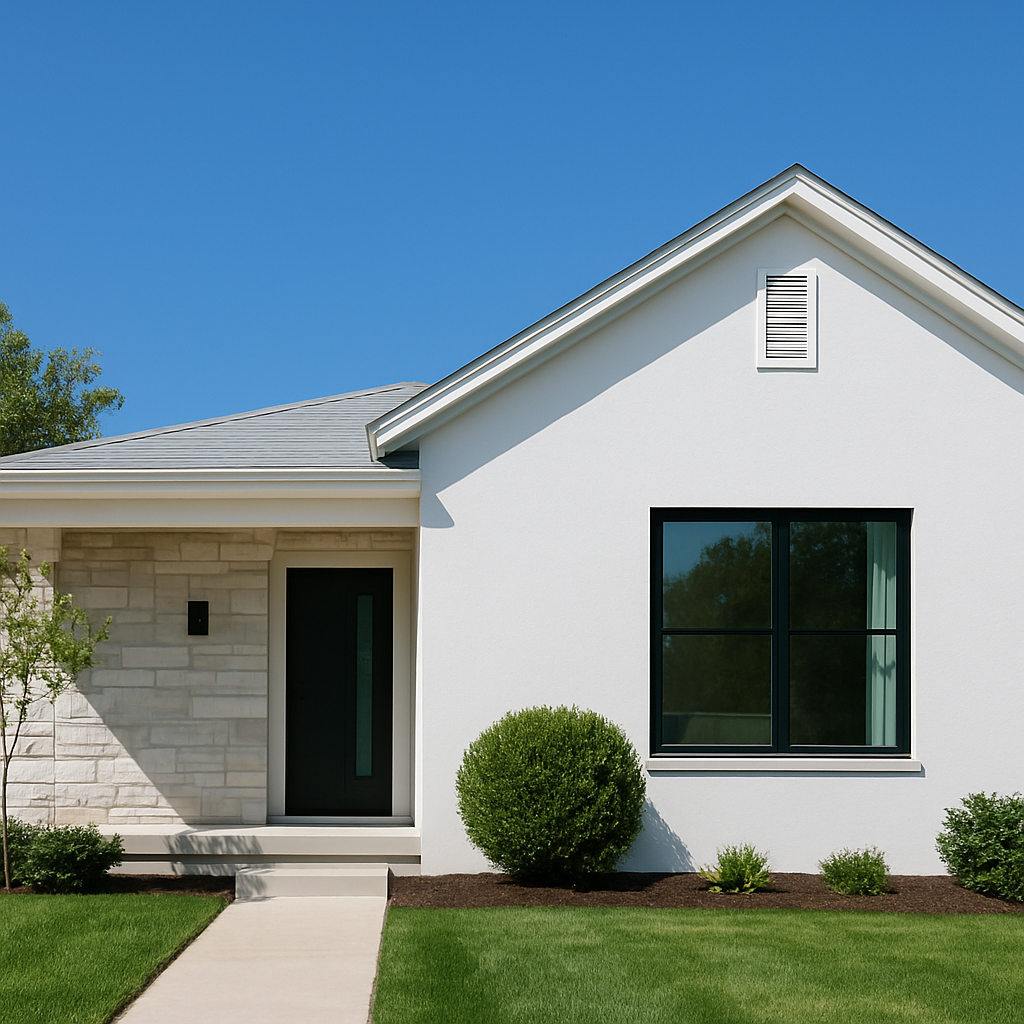 Contemporary one-level home featuring a mix of smooth walls and stone accents.