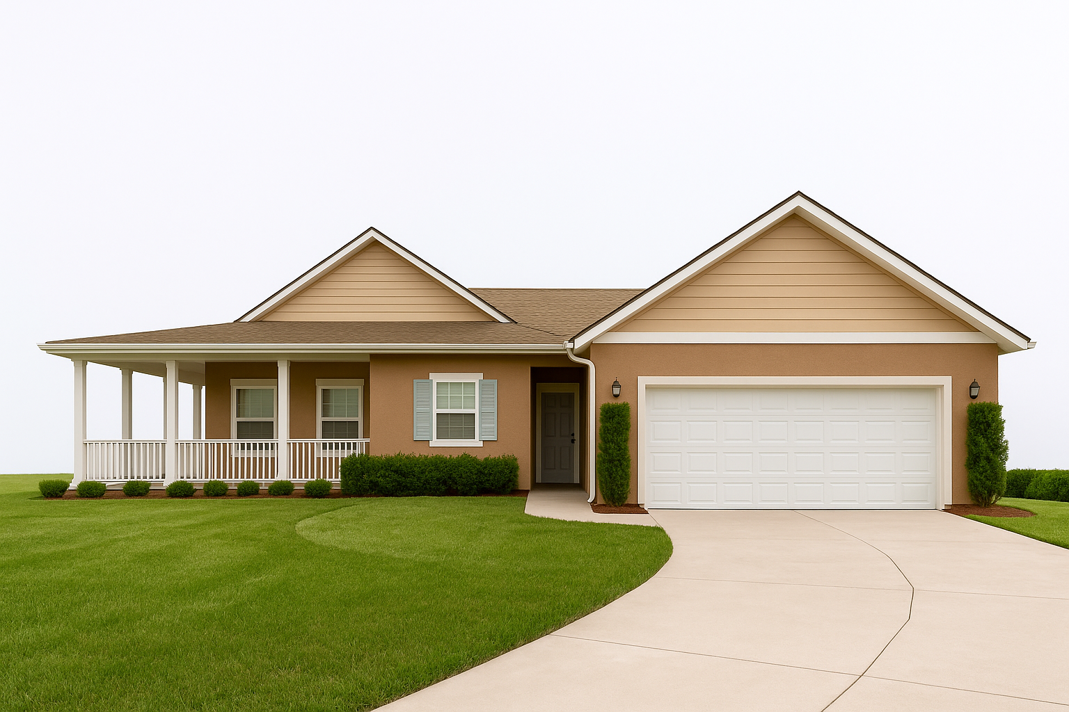 Single-story suburban house with garage and landscaped green yard.