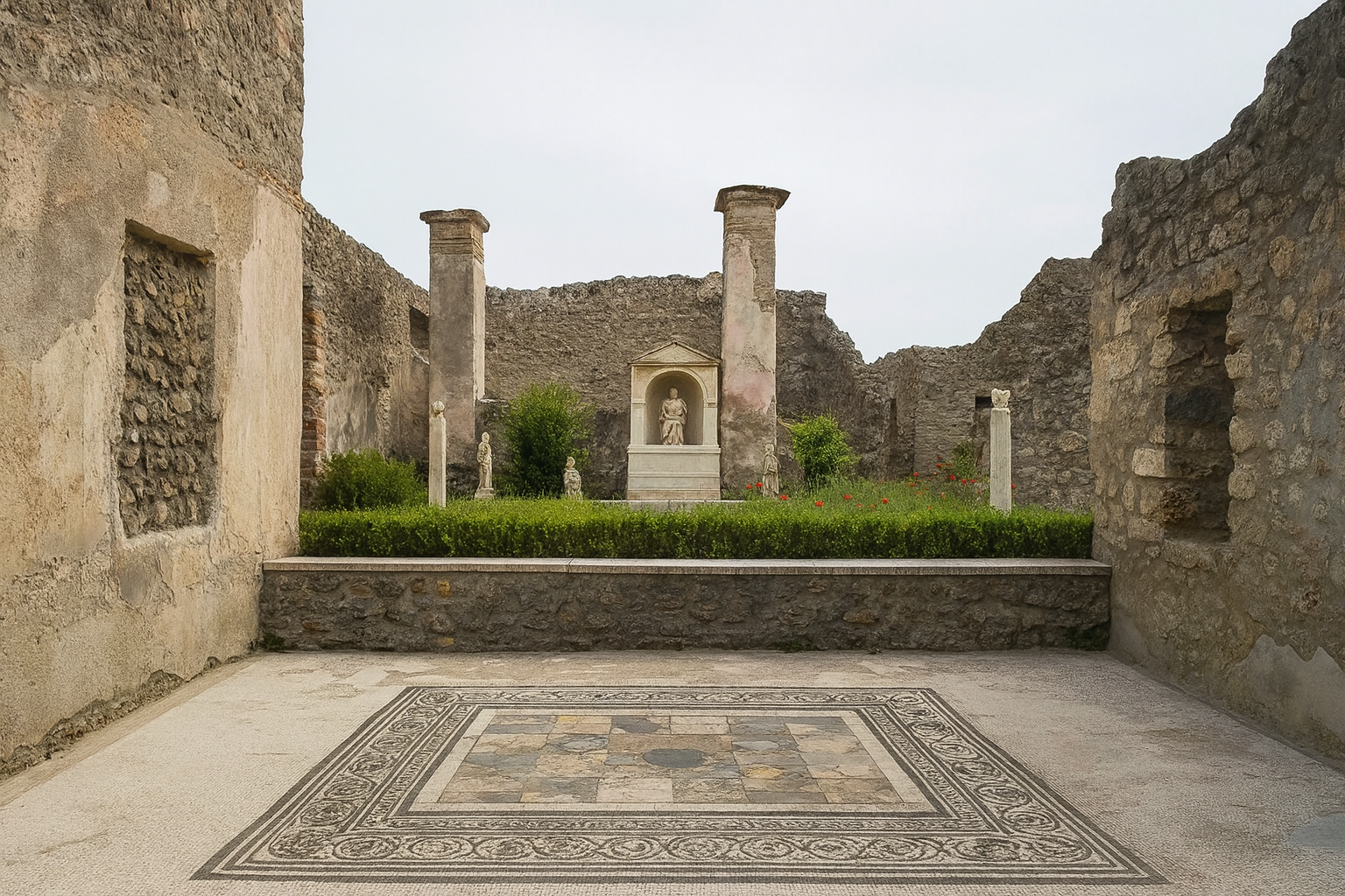 Peristyle courtyard of the House of Marcus Lucretius in Pompeii with mosaic floor.