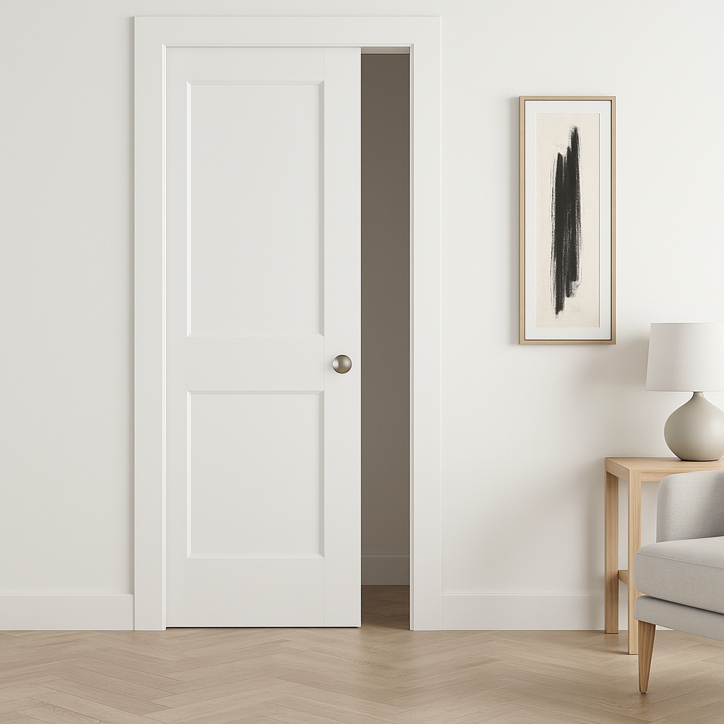 Minimalist interior with a half-open white pocket door sliding into the wall.