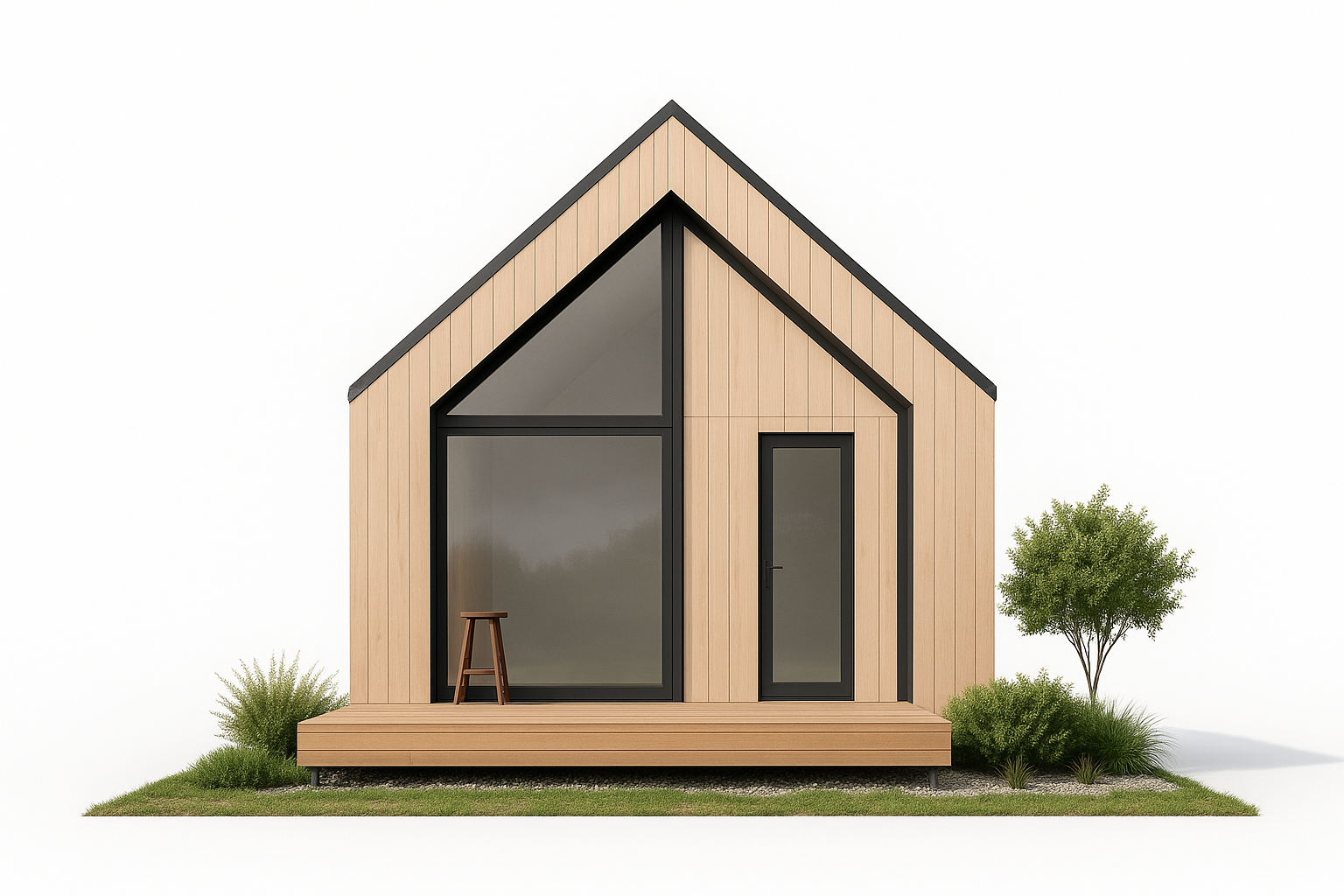 Compact prefab Scandinavian home featuring clean lines and natural finishes.