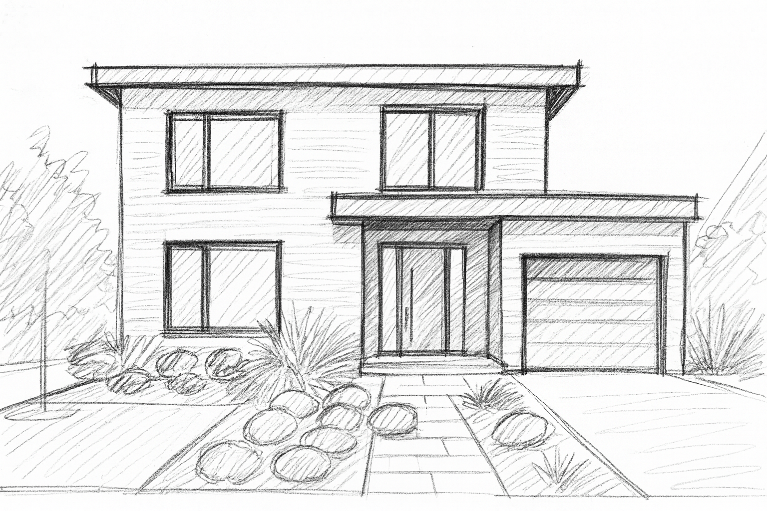 Architectural hand-drawn sketch of a house in early design stage.