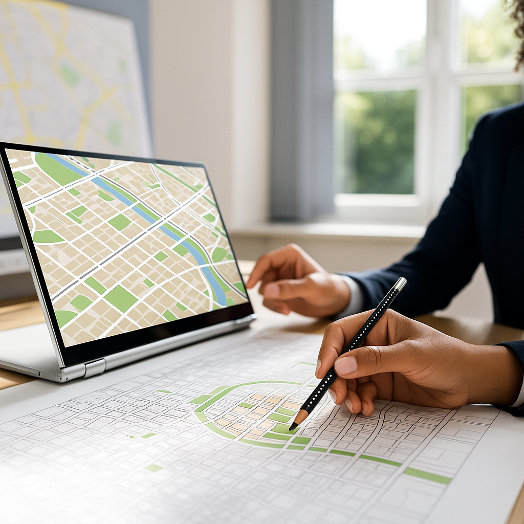 Professionals working on an urban planning project with city maps.