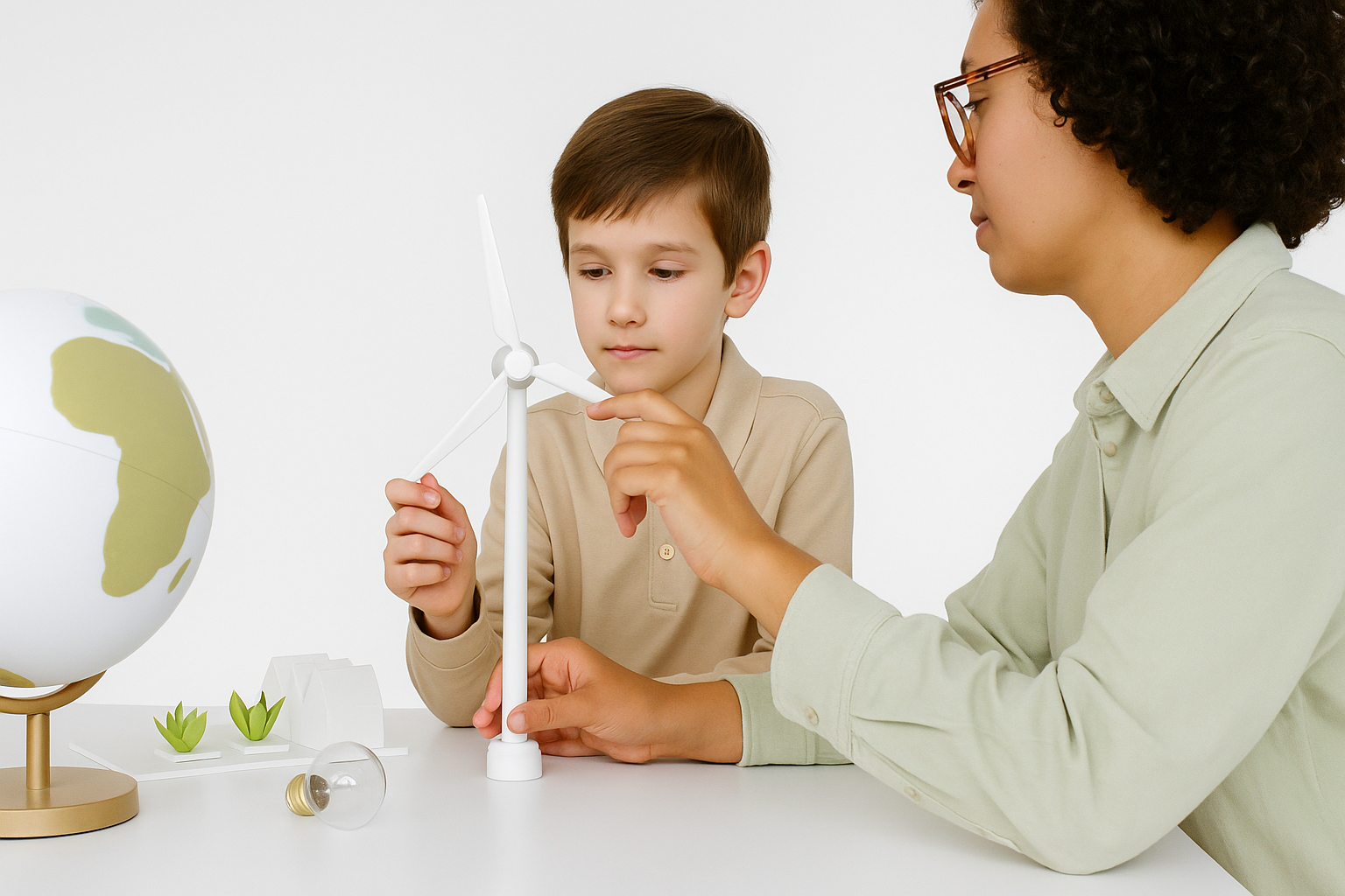 Child and adult learning about renewable energy with wind turbine, globe, and house models.