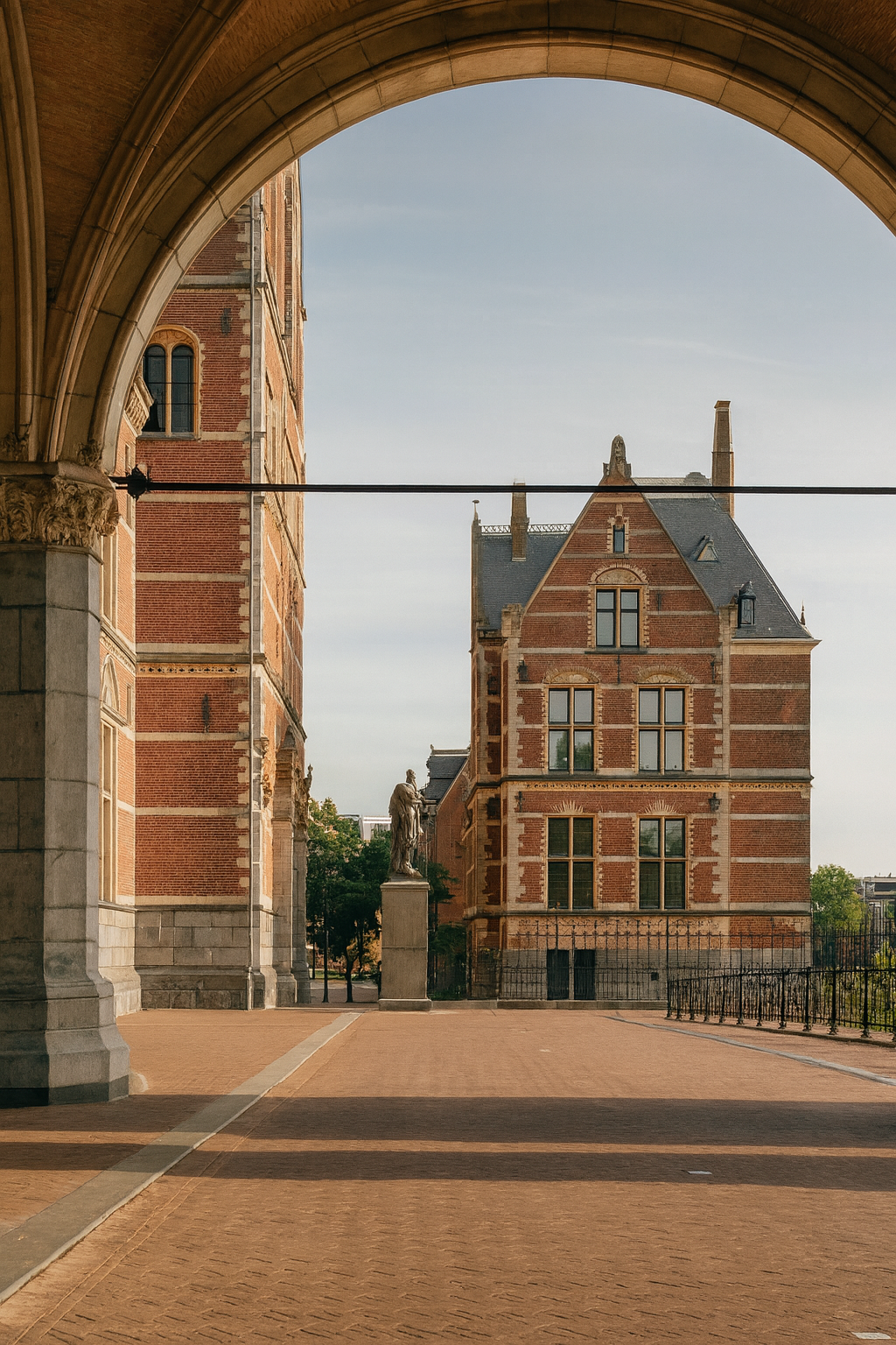 Rijksmuseum archway with central statue in Amsterdam.