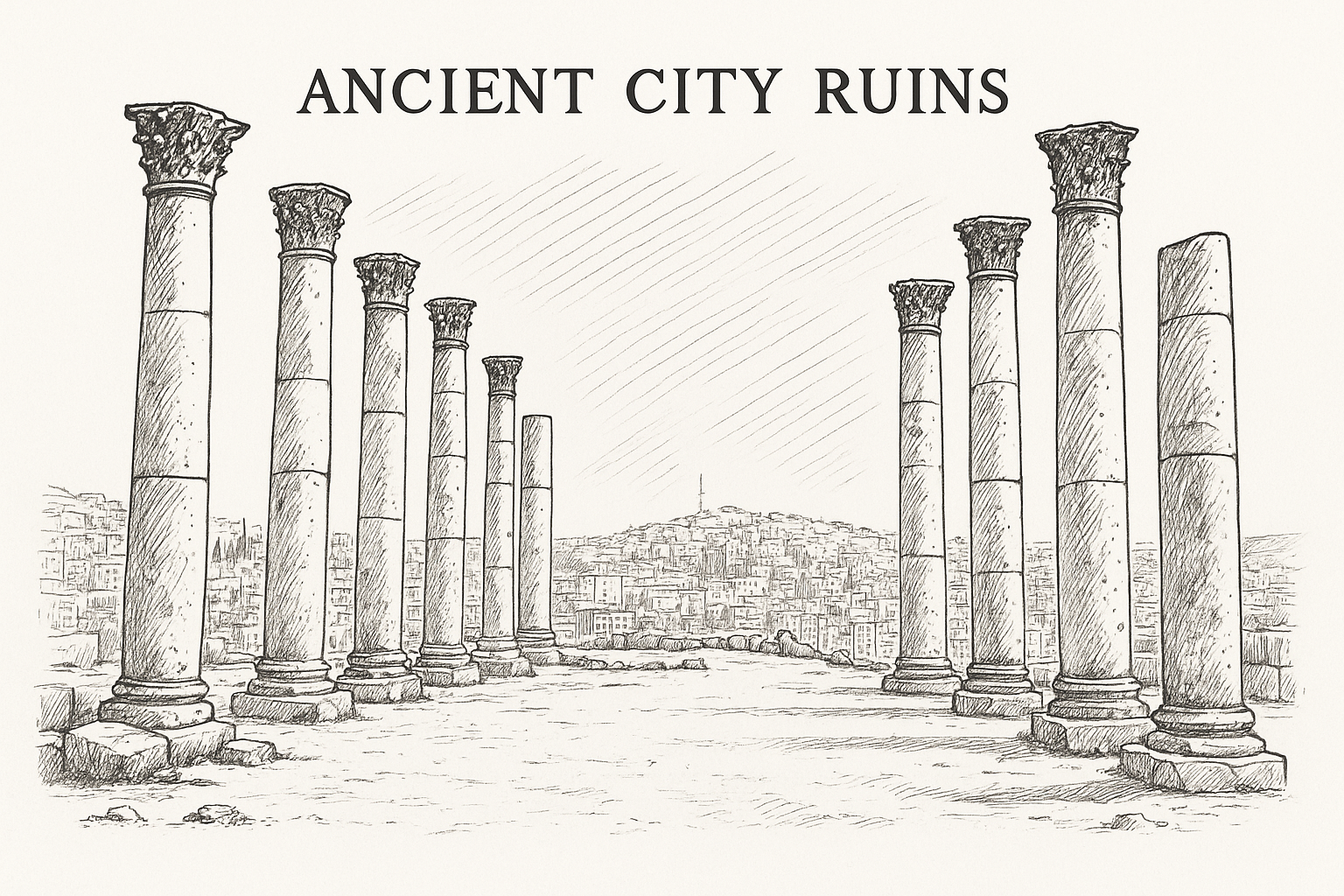 Architectural sketch of a Roman colonnade with Corinthian columns.