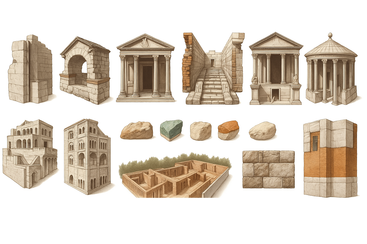 Illustrated examples of Roman construction techniques and materials.