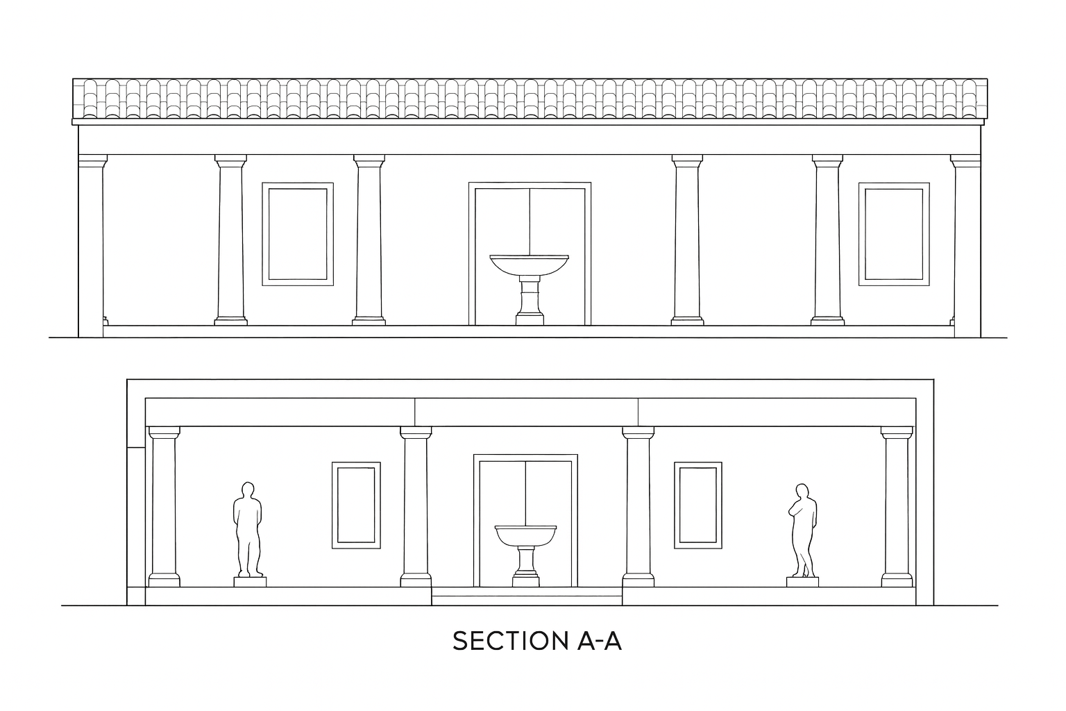 Architectural elevation and section drawing of a Roman-style courtyard with columns and central garden fountain.