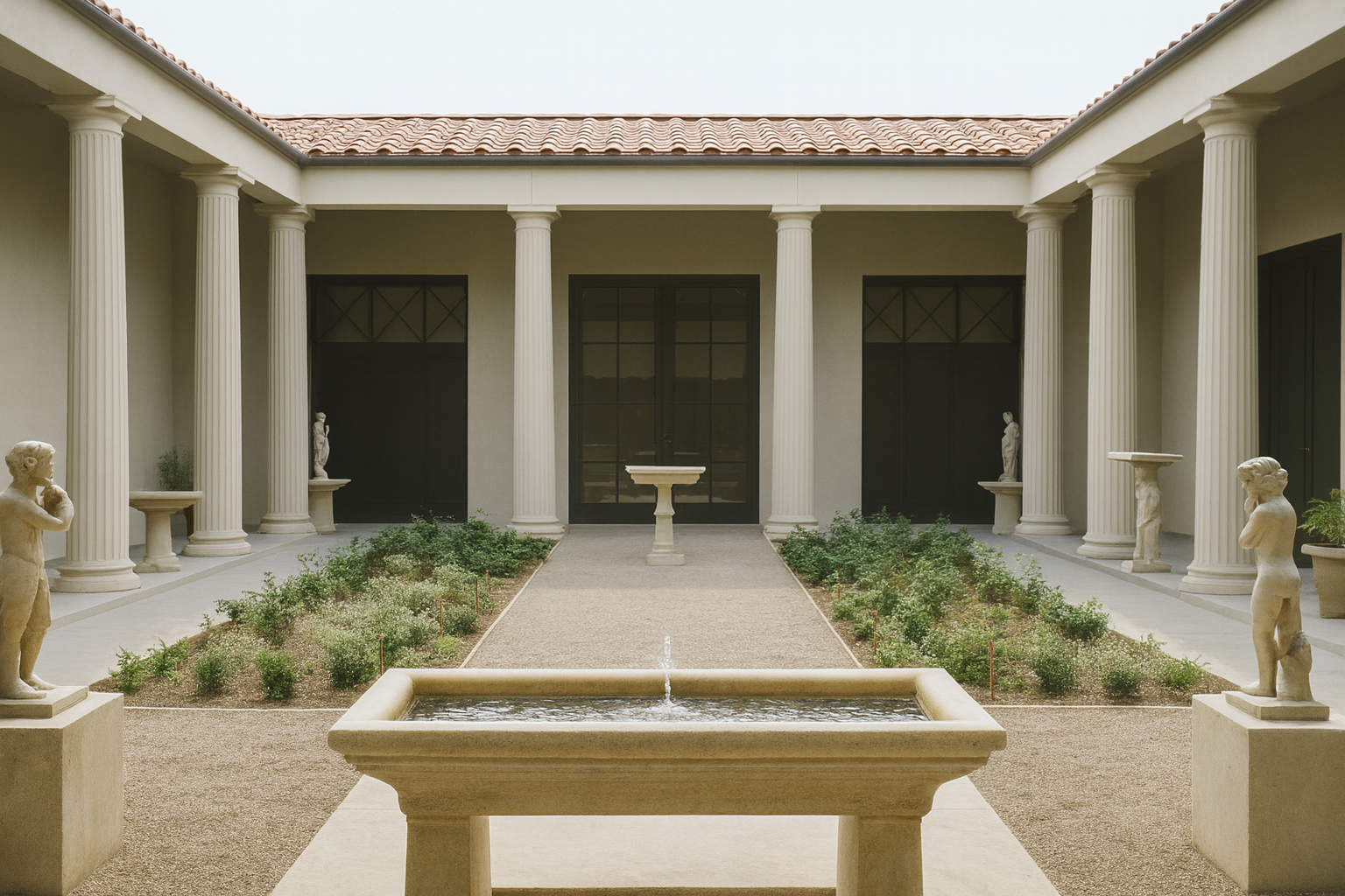 Roman courtyard garden with central fountain and colonnade.