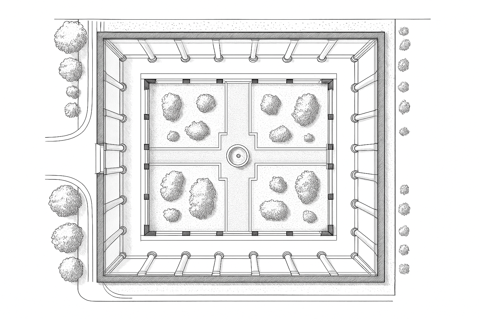 Site plan of a Roman courtyard house with colonnades, central garden, and fountain.