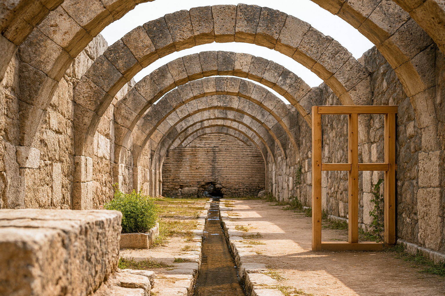 Ancient Roman stone arches with a water channel in Izmir, Türkiye.