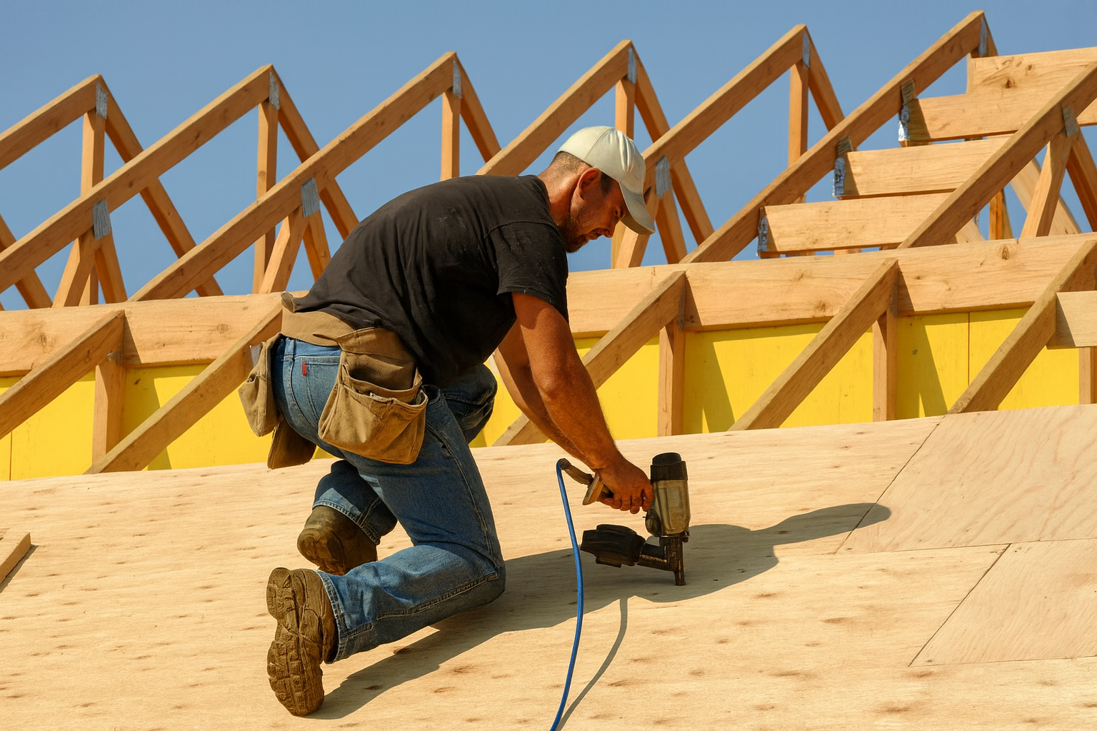 Roofer kneeling while nailing plywood roof sheathing during construction.