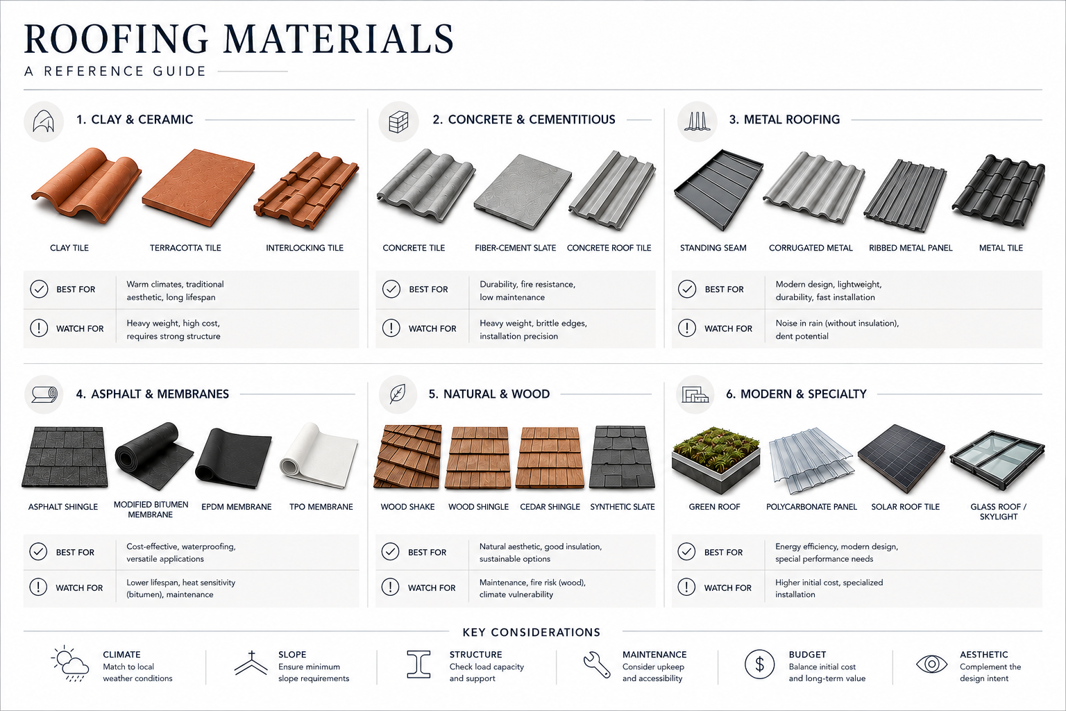 Roofing materials reference guide showing clay, concrete, metal, asphalt membrane, wood, and specialty roof options.