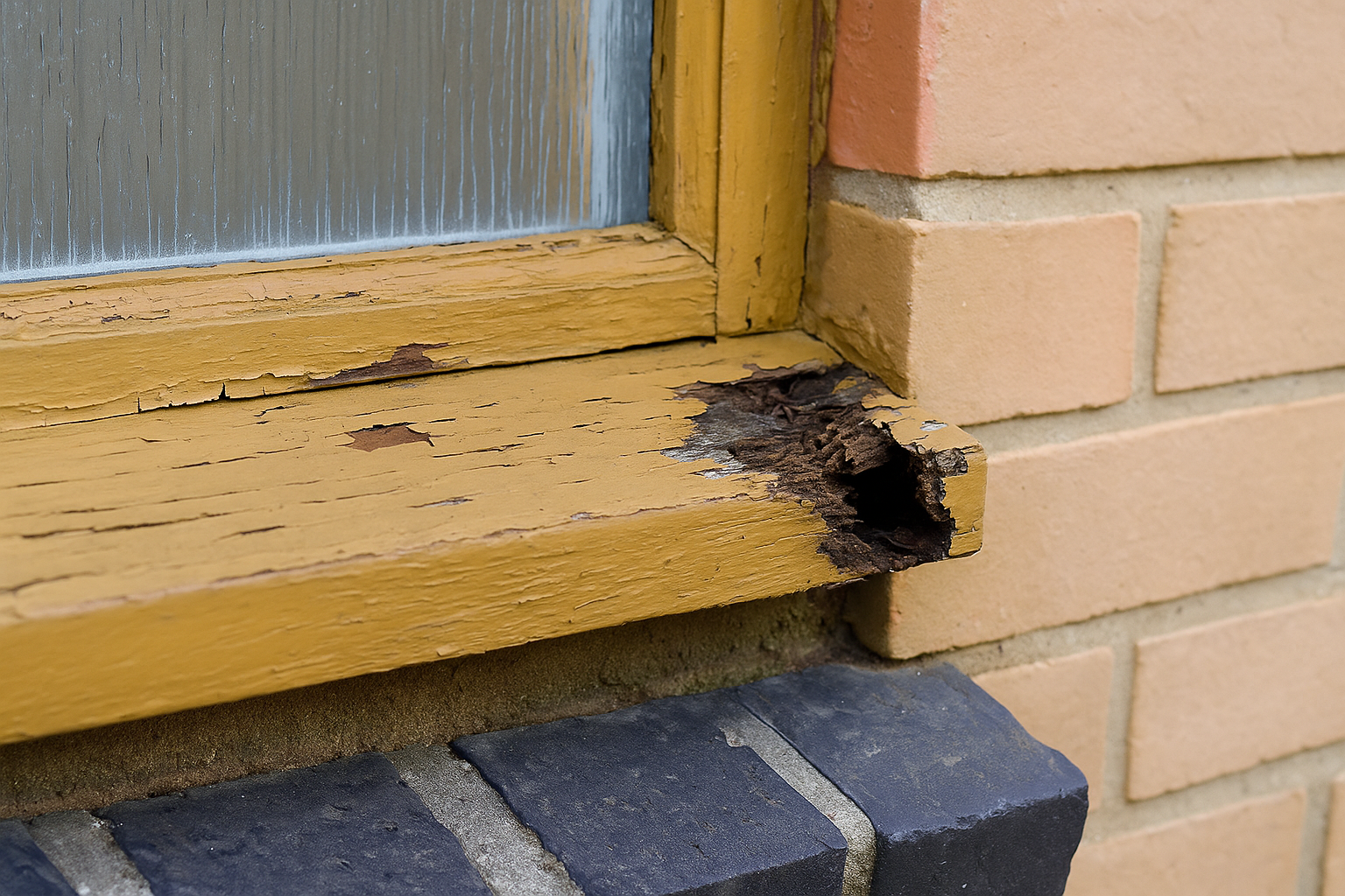 Rotten wooden window frame with peeling paint and decay at the corner joint.
