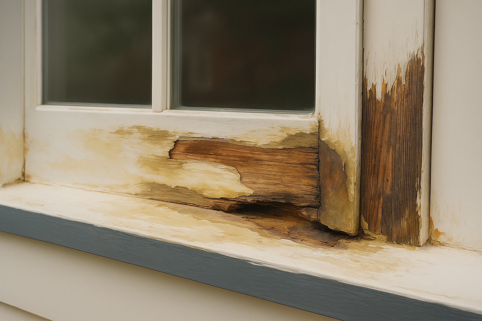 Rotten wooden window frame with peeling paint and wood decay.