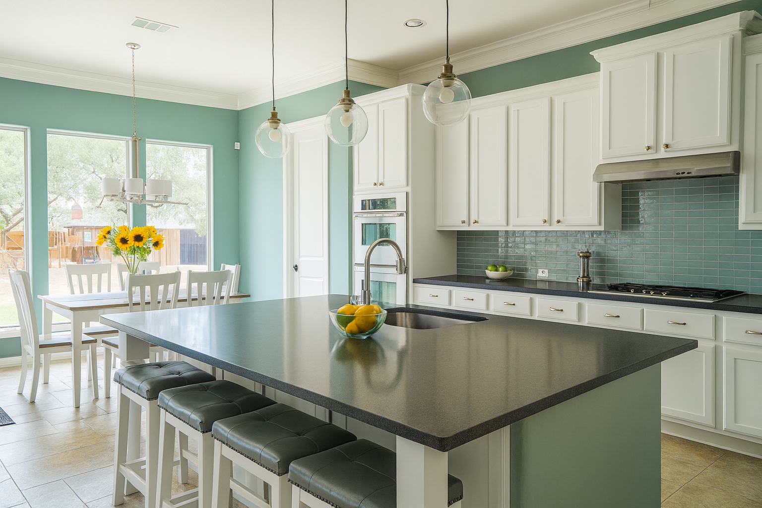White kitchen with sage blue walls, large island, and outdoor view.