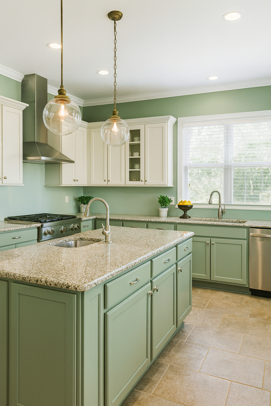 Kitchen with sage green cabinets, soft green walls, white accents, and brass pendant lighting.