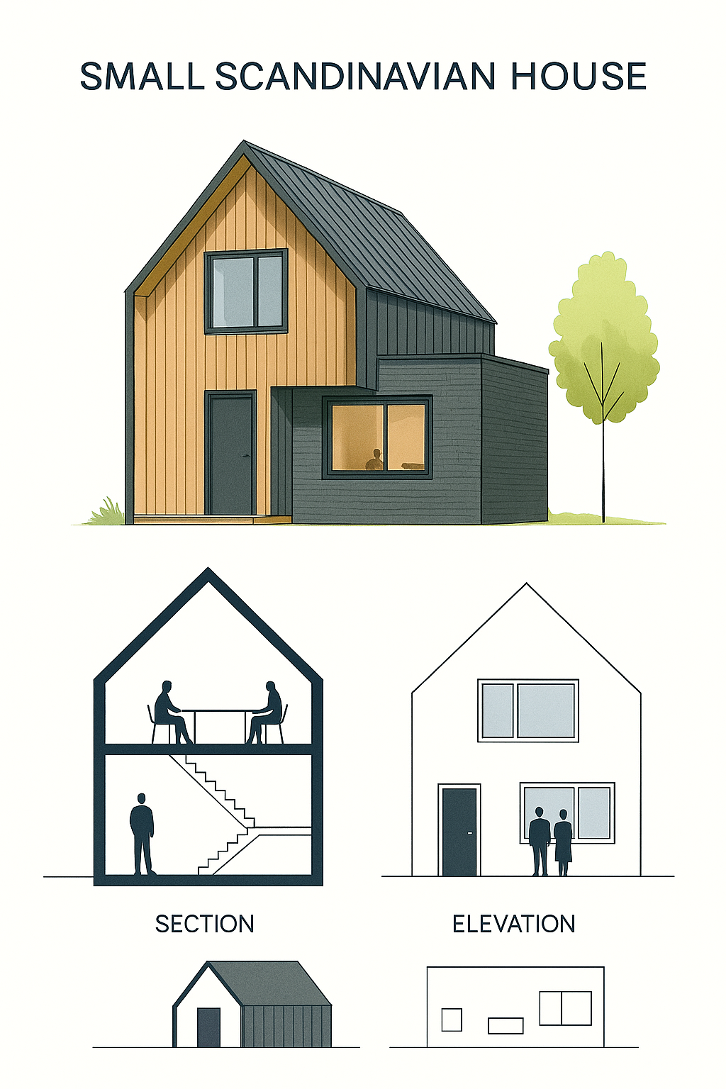 Scandinavian small house with wood and black exterior, shown with section and elevation drawings.