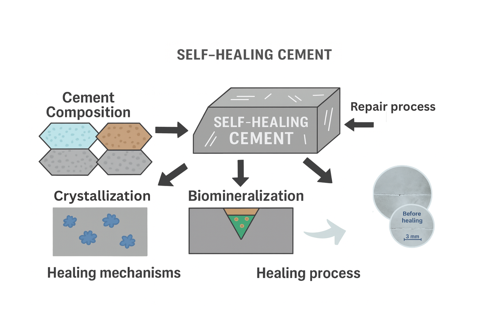 nfographic showing the process of self-healing cement with crystallization and biomineralization.