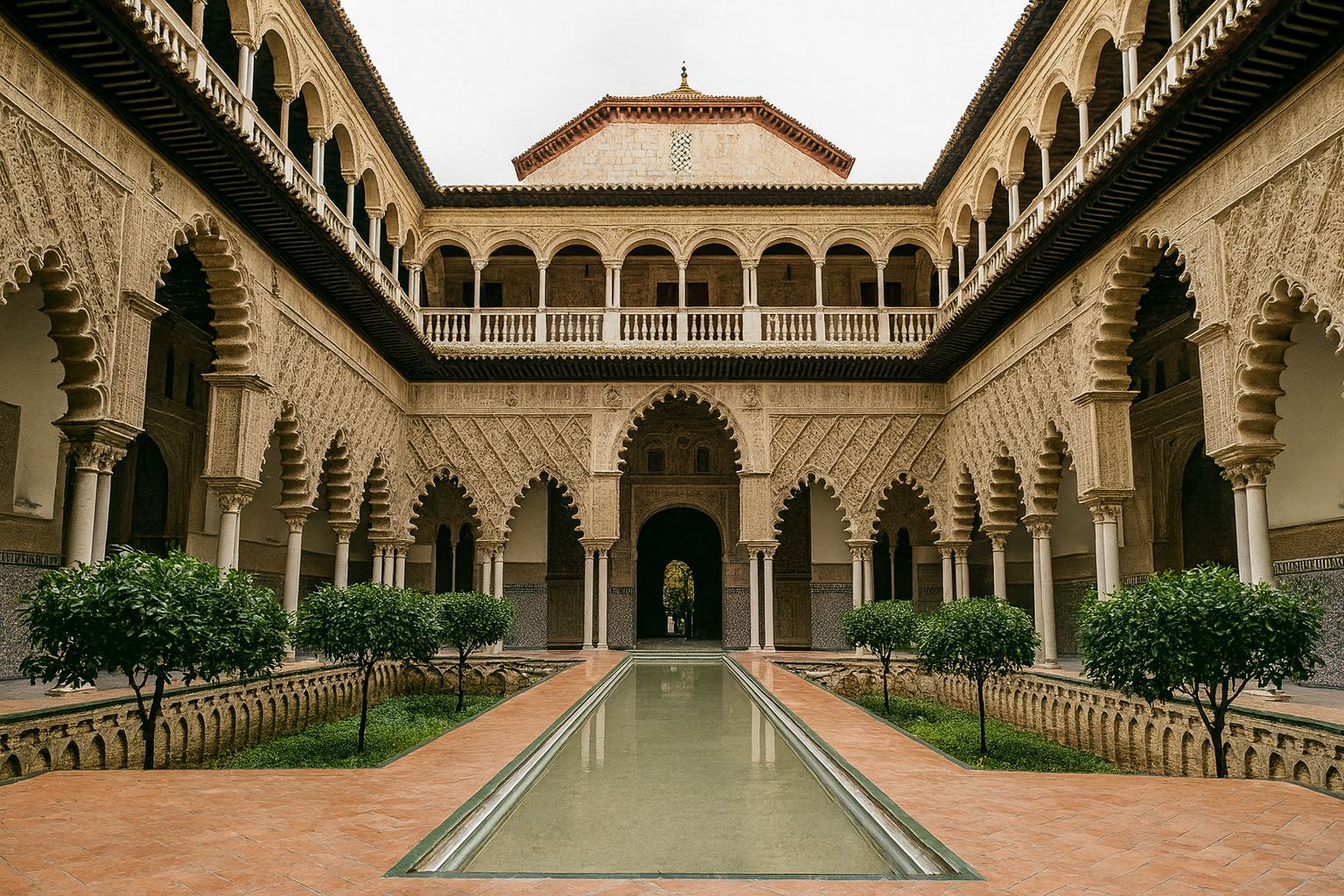 Courtyard of the Alcázar of Seville with arches, and intricate carvings.