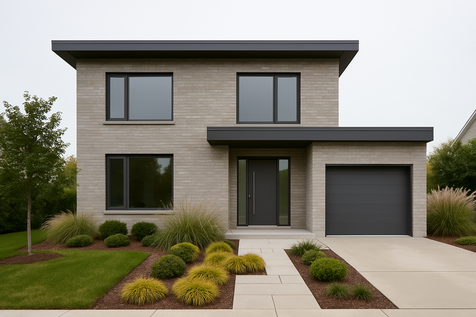 Flat-roof modern house in light gray brick with slim black frames.