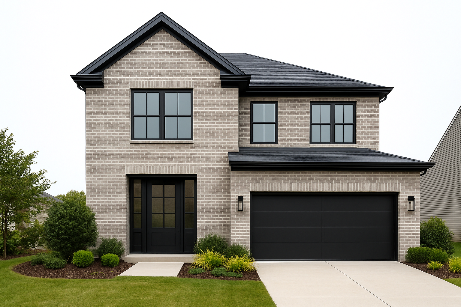 Two-story light-gray brick house with black windows and flush garage.