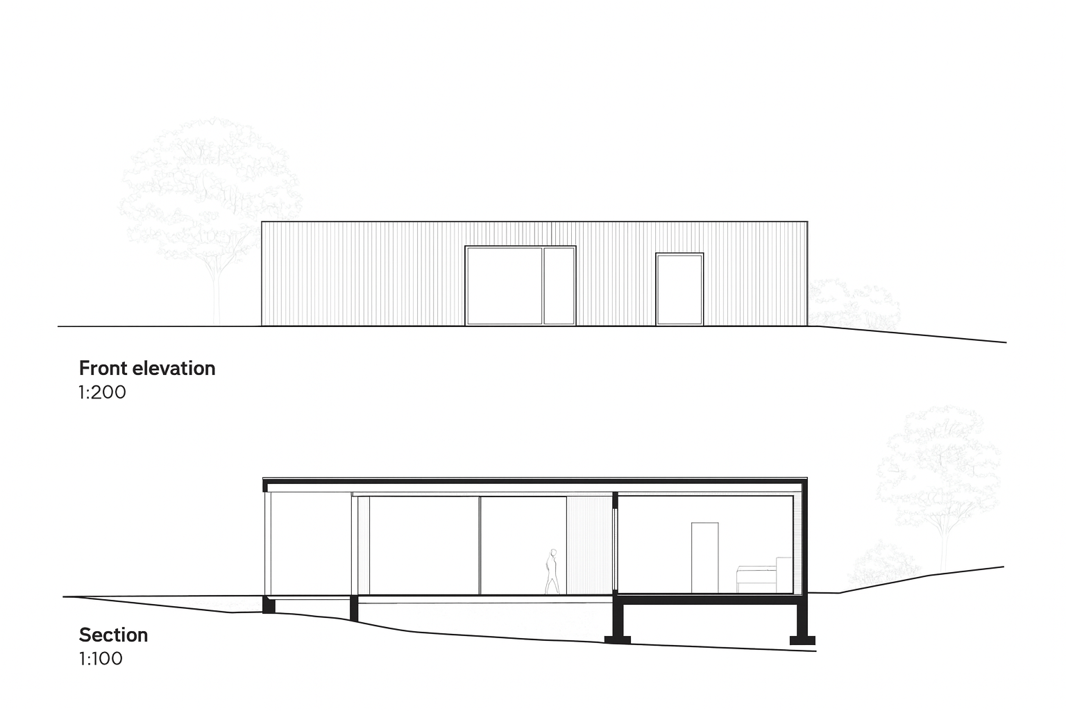 Minimalist architectural drawing of a single-floor house elevation with clean lines.