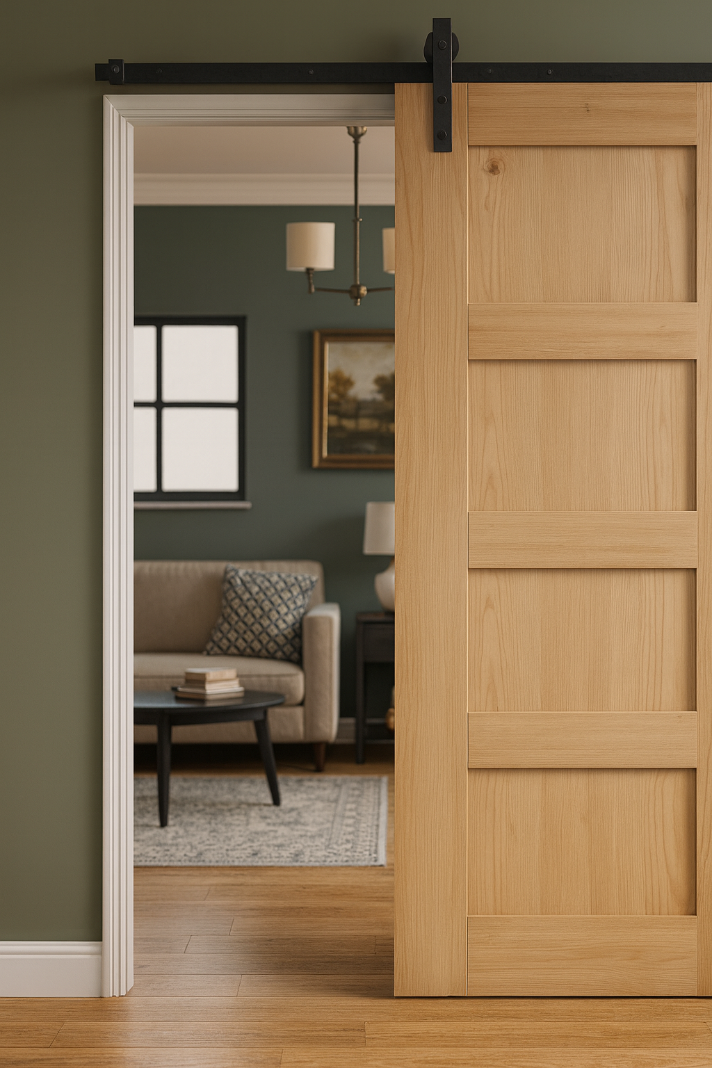 Minimalist sliding wooden barn door with white trim opening into a cozy living room.