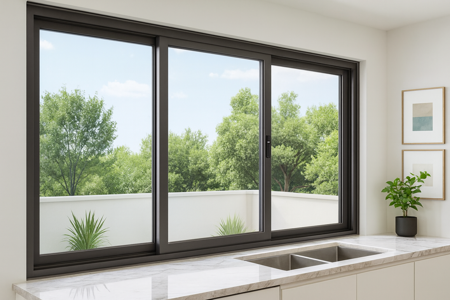 Modern kitchen with large aluminum sliding window.