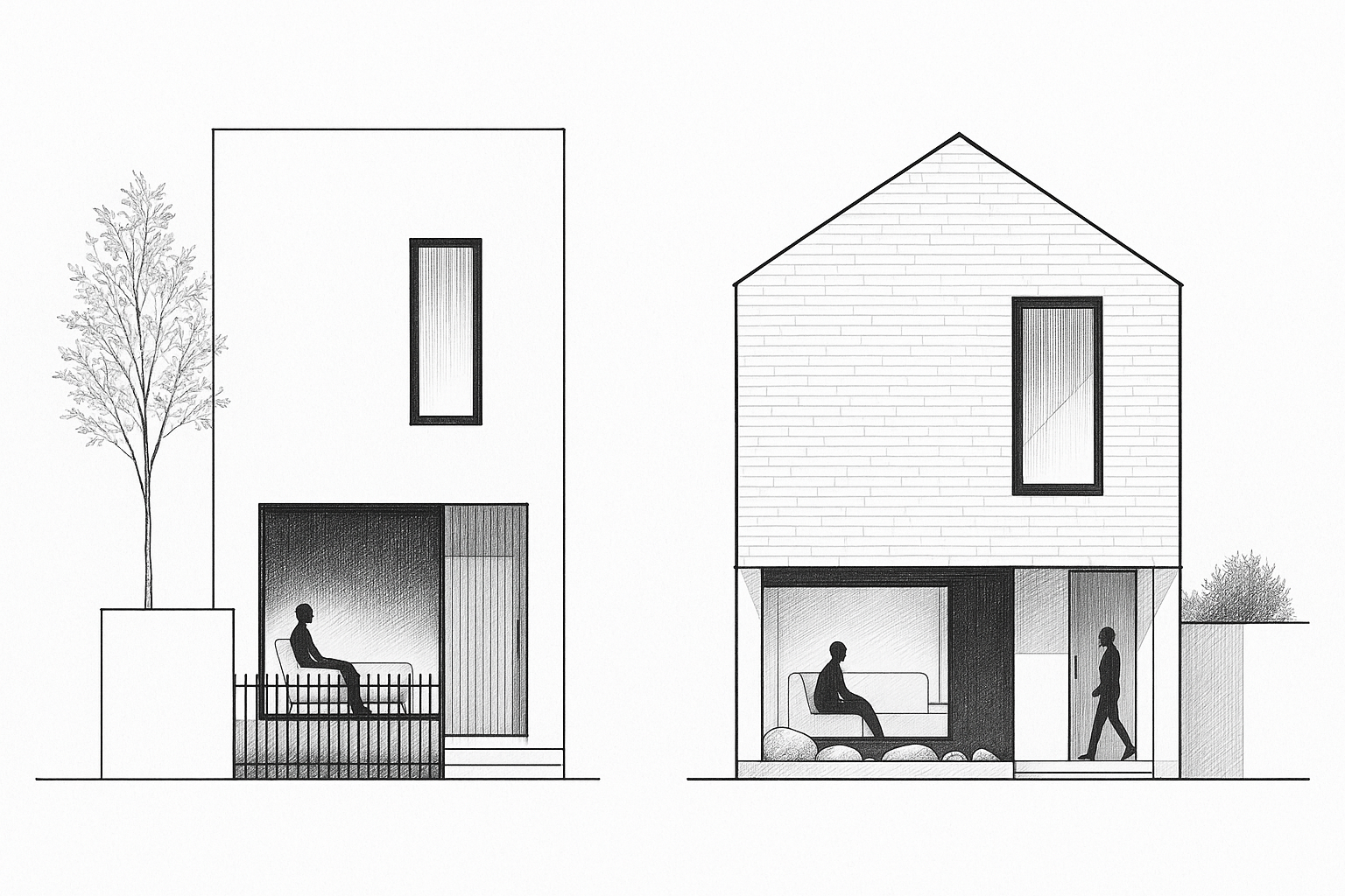 Minimalist two-story house elevation drawings with shaded seating areas and vertical windows.