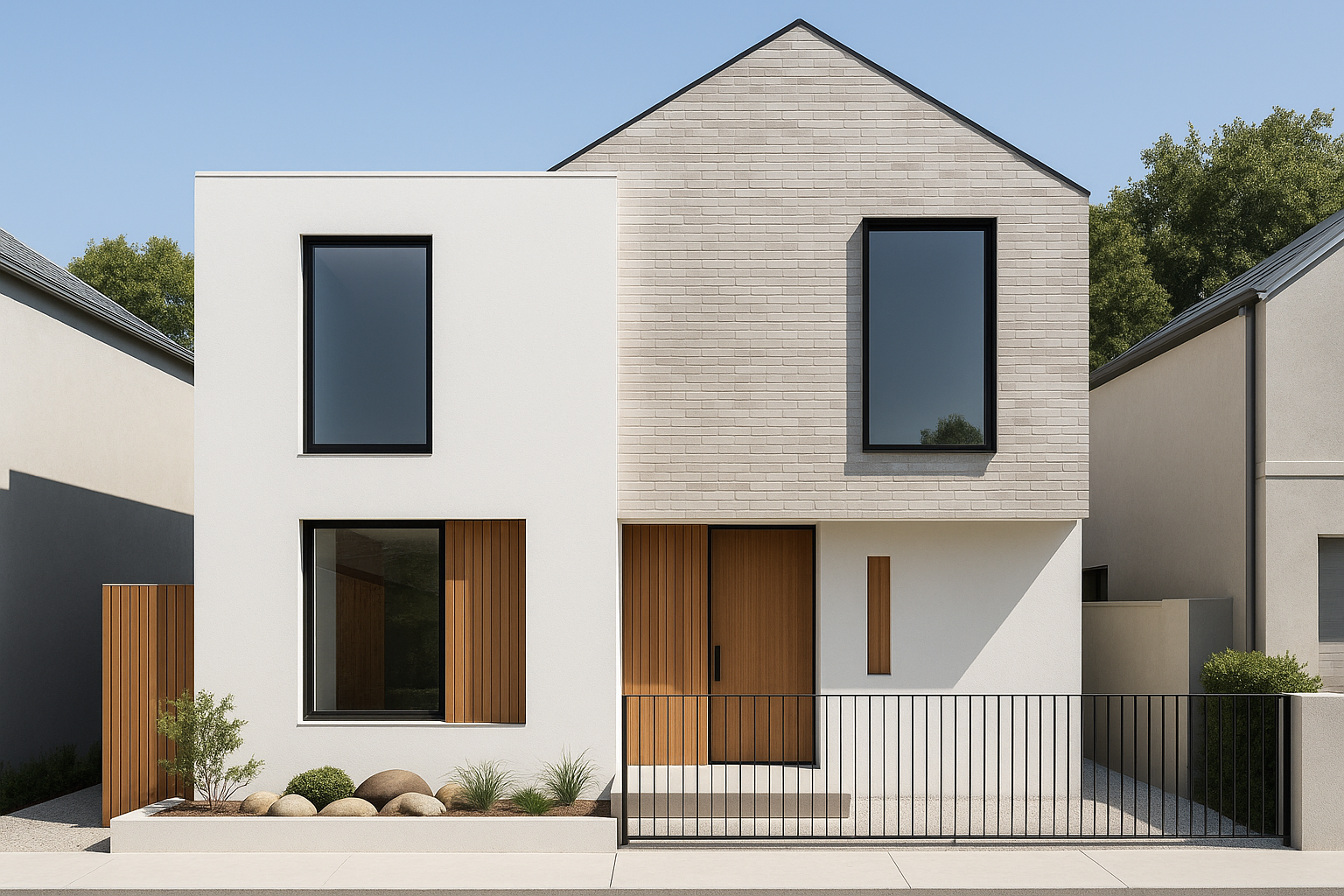 Elegant small contemporary-classical house using wood, concrete, and glass in a clean minimalist design.