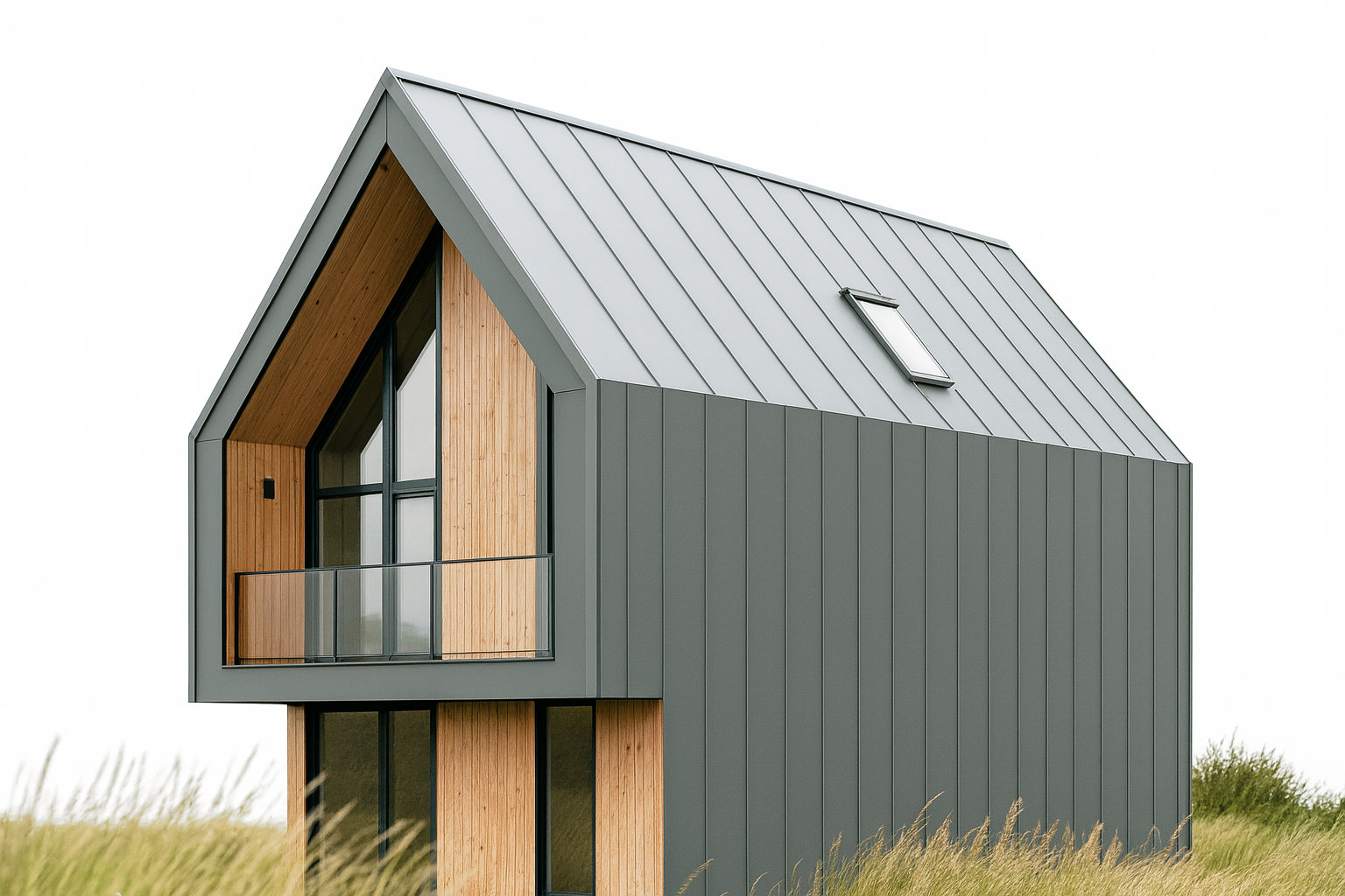 Contemporary gable-roof house with gray metal cladding, wood accents, and glass balcony.