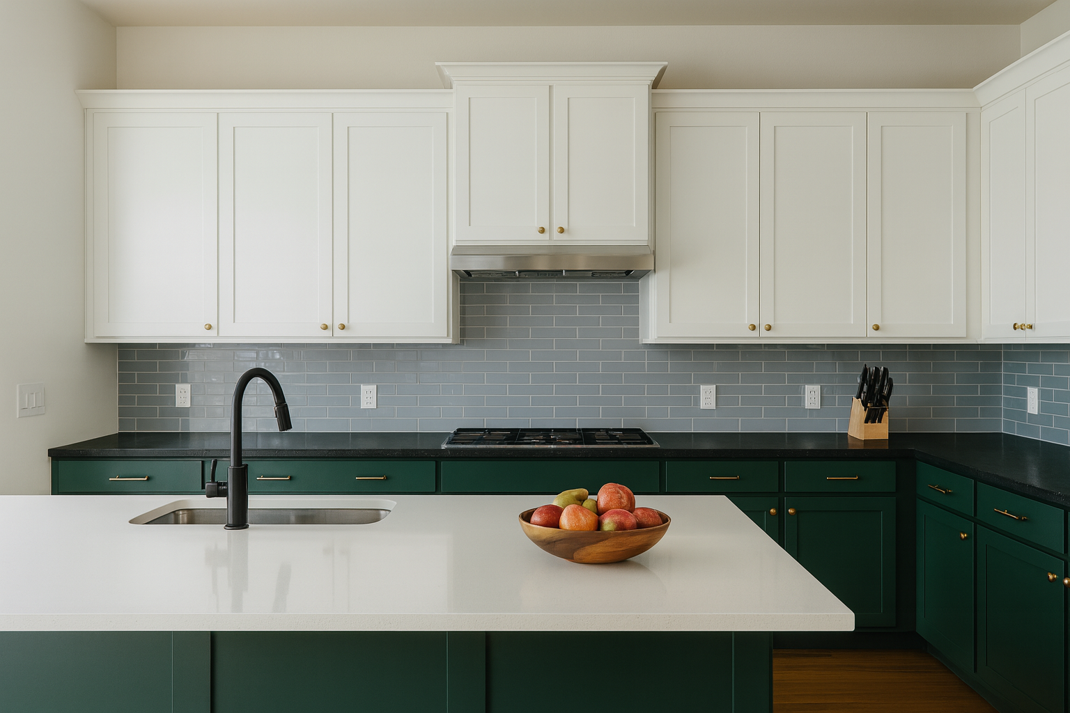 Modern kitchen with crisp white shaker cabinets and soft white walls for a seamless, fresh look.