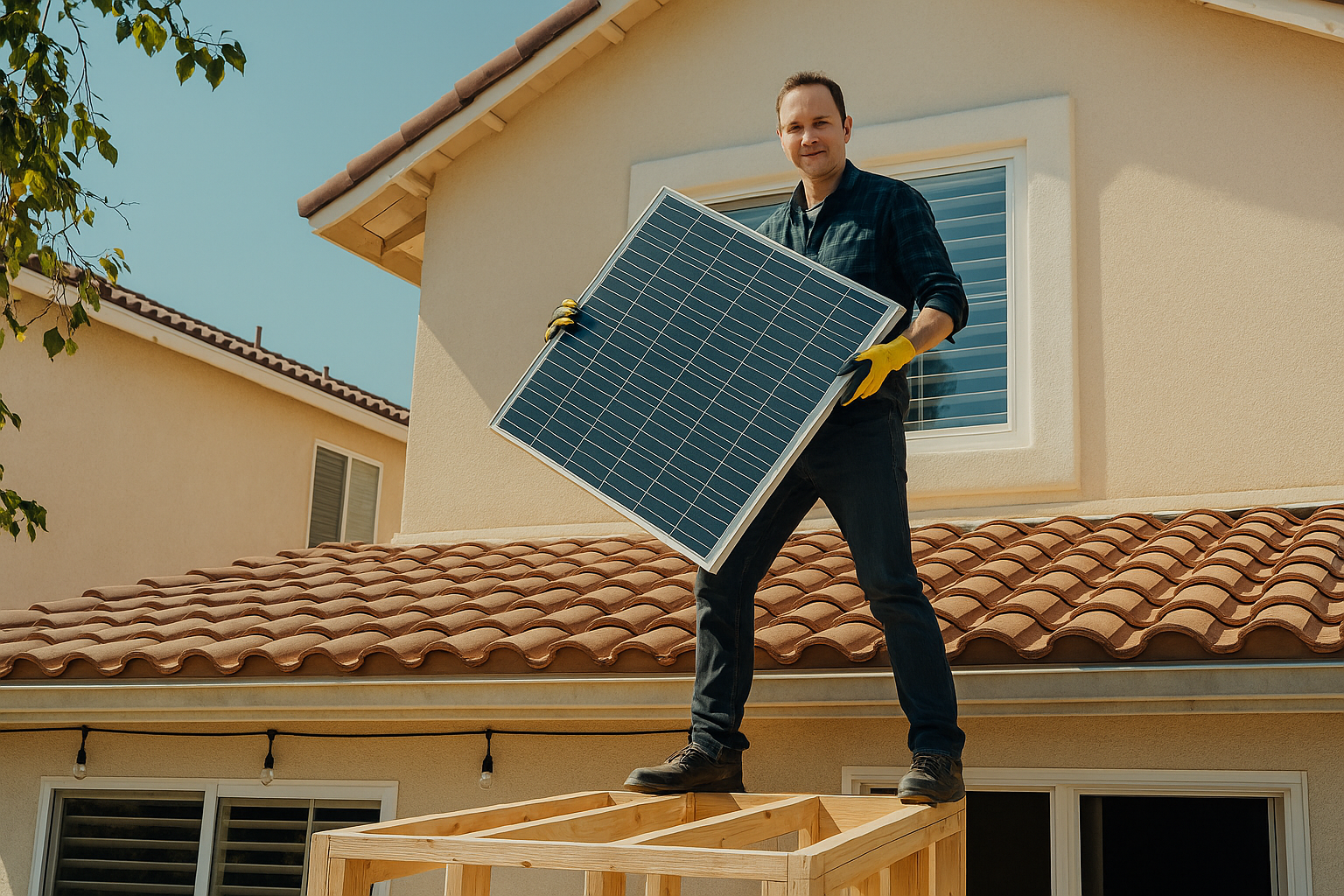Man installing solar panel on house roof.