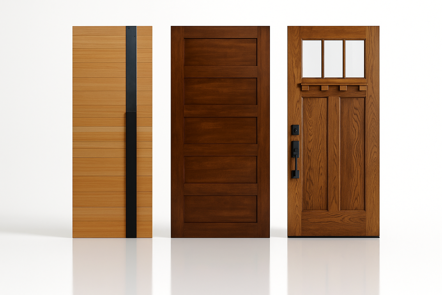Professional display of three solid wood exterior doors with unique designs.
