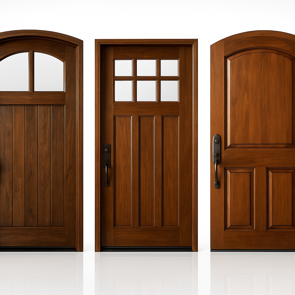 New three solid wood exterior entrance doors in different styles displayed.
