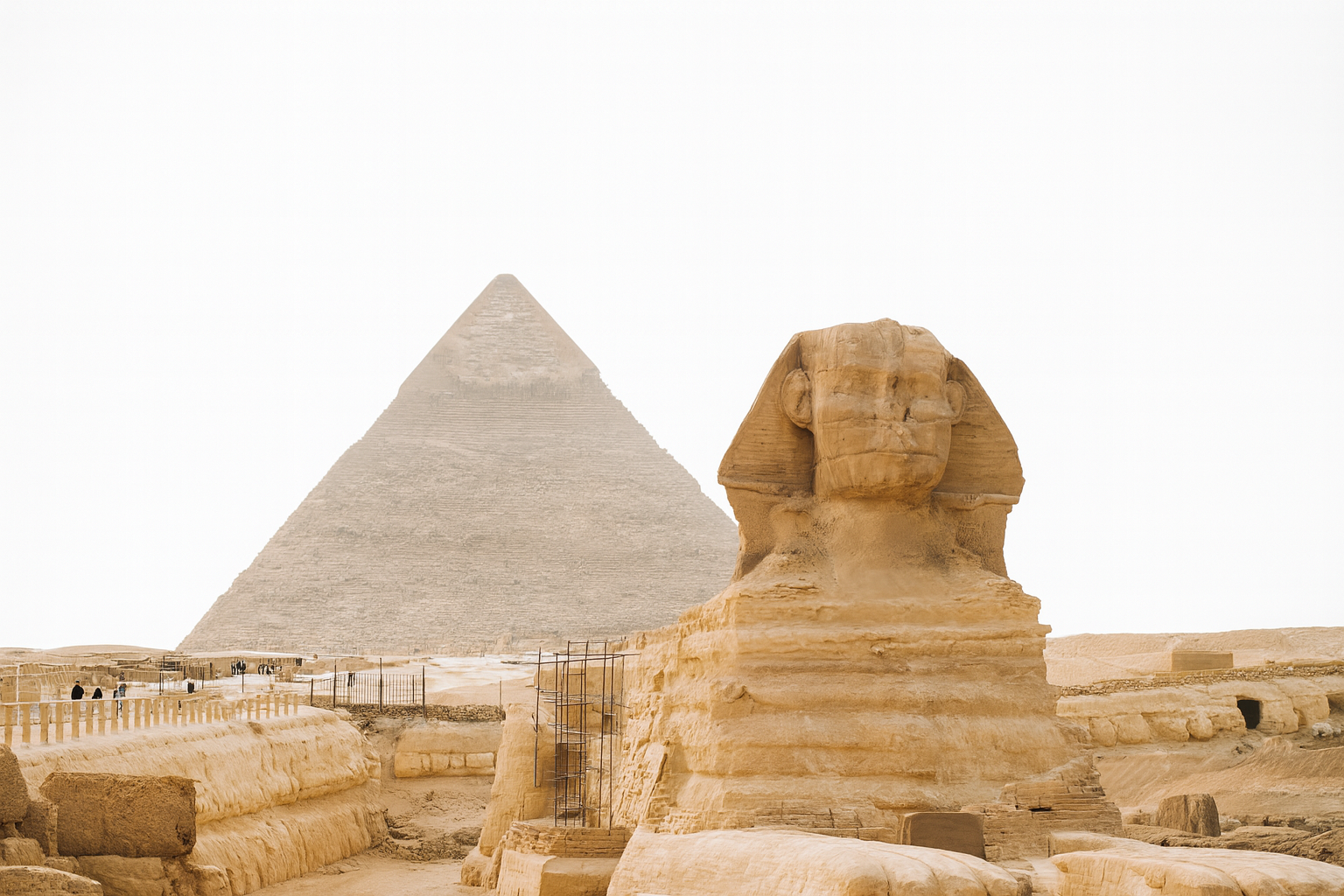 Great Sphinx and Pyramid of Giza viewed from a unique angle.