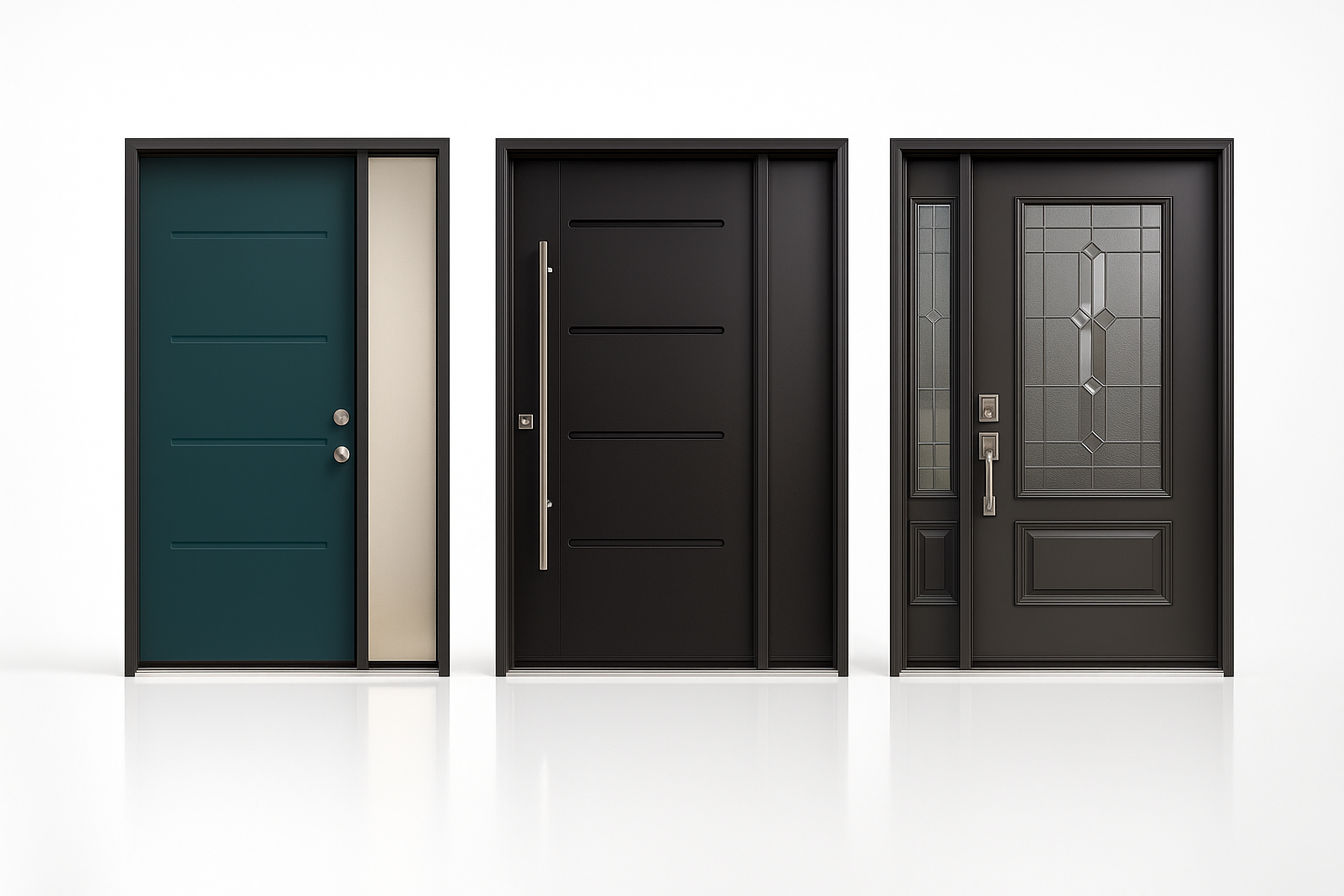 Professional display of three modern steel exterior doors with clean details.