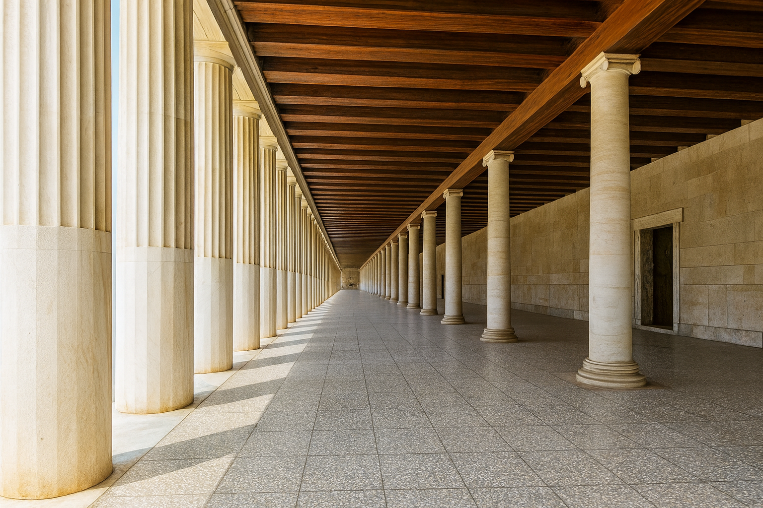 Colonnade of the Stoa of Attalos in Athens with columns and roof intact, shown from a new angle.