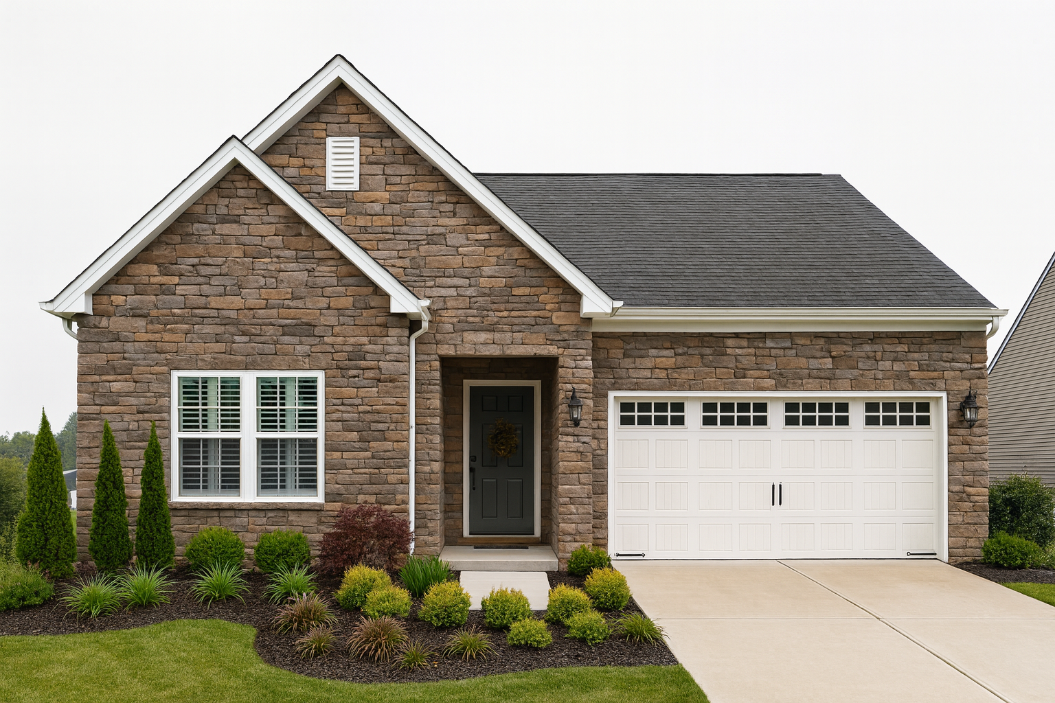 One-story house elevation fully clad in stone with modern landscaping.