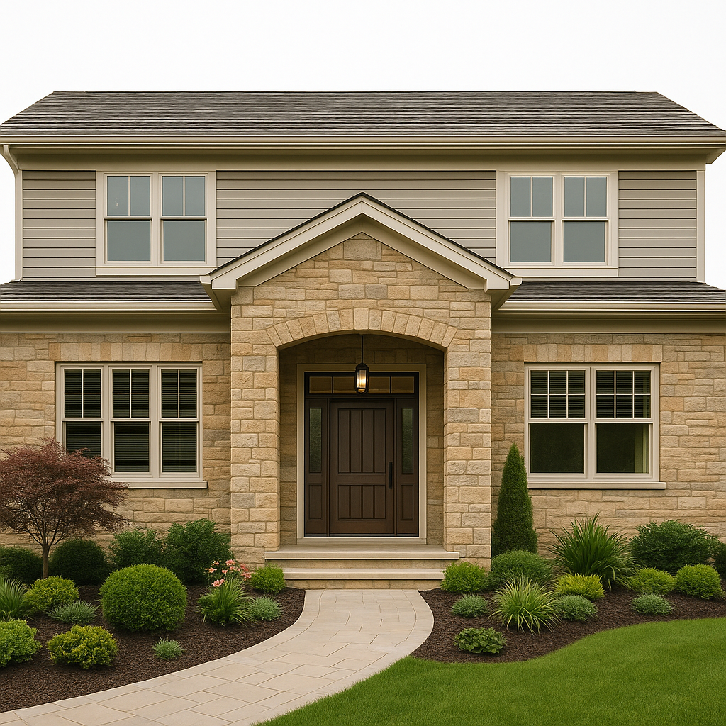 Front elevation of a two-story house with stone façade and modern entry.