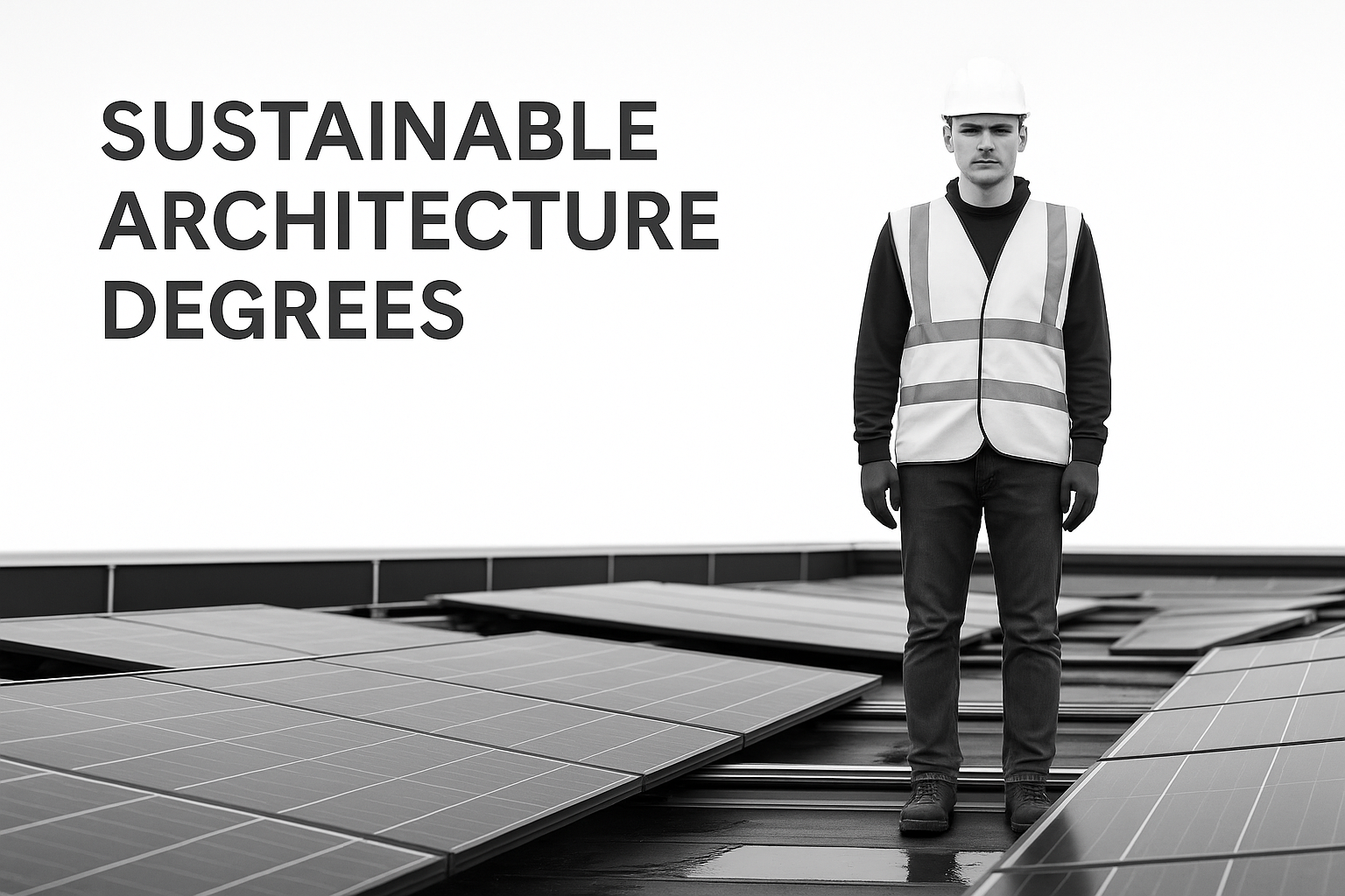 Worker in safety vest and helmet stands beside rooftop solar panels, symbolizing sustainable architecture and renewable energy.