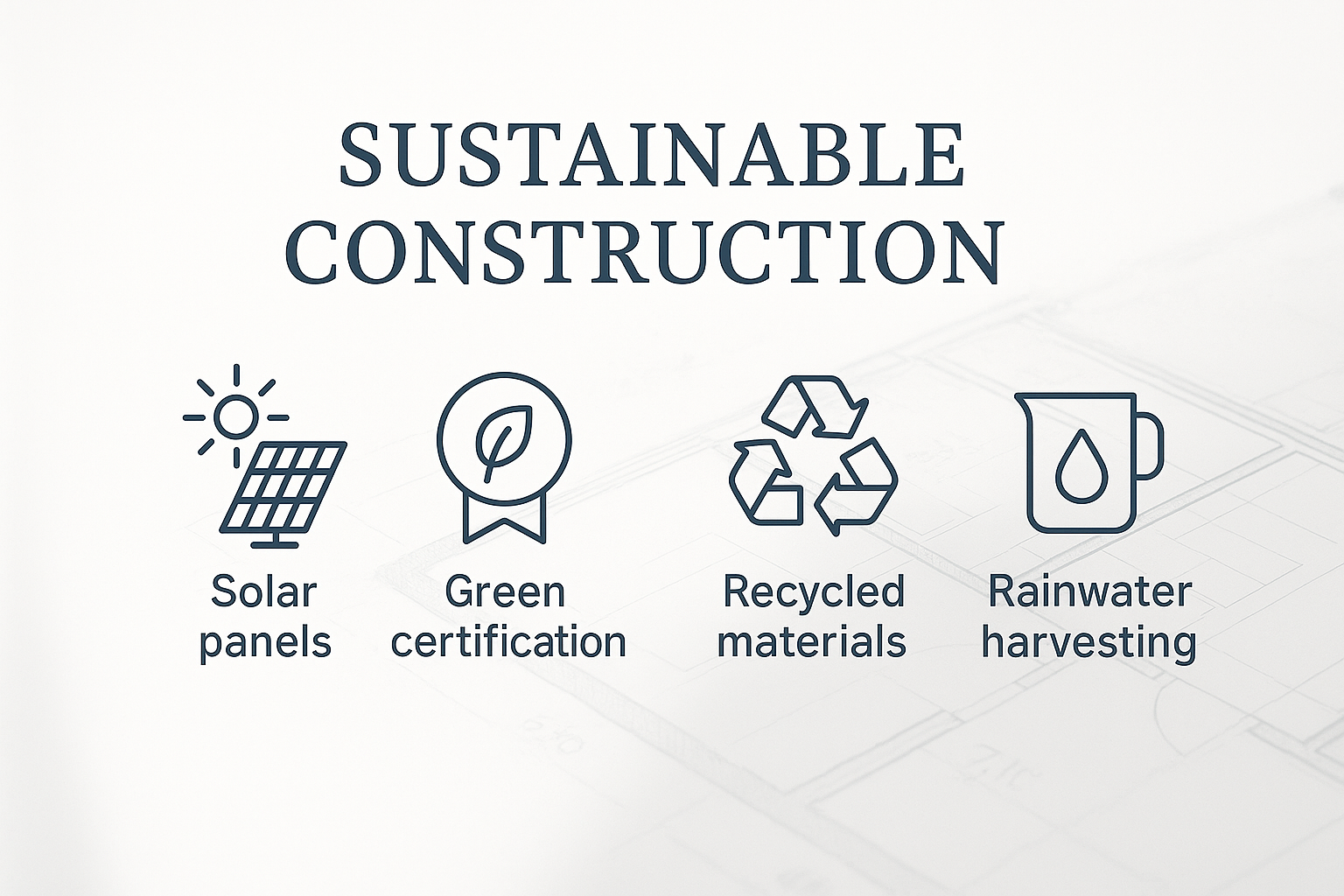 Infographic on sustainable construction methods with solar, certification, recycling, and rainwater harvesting.