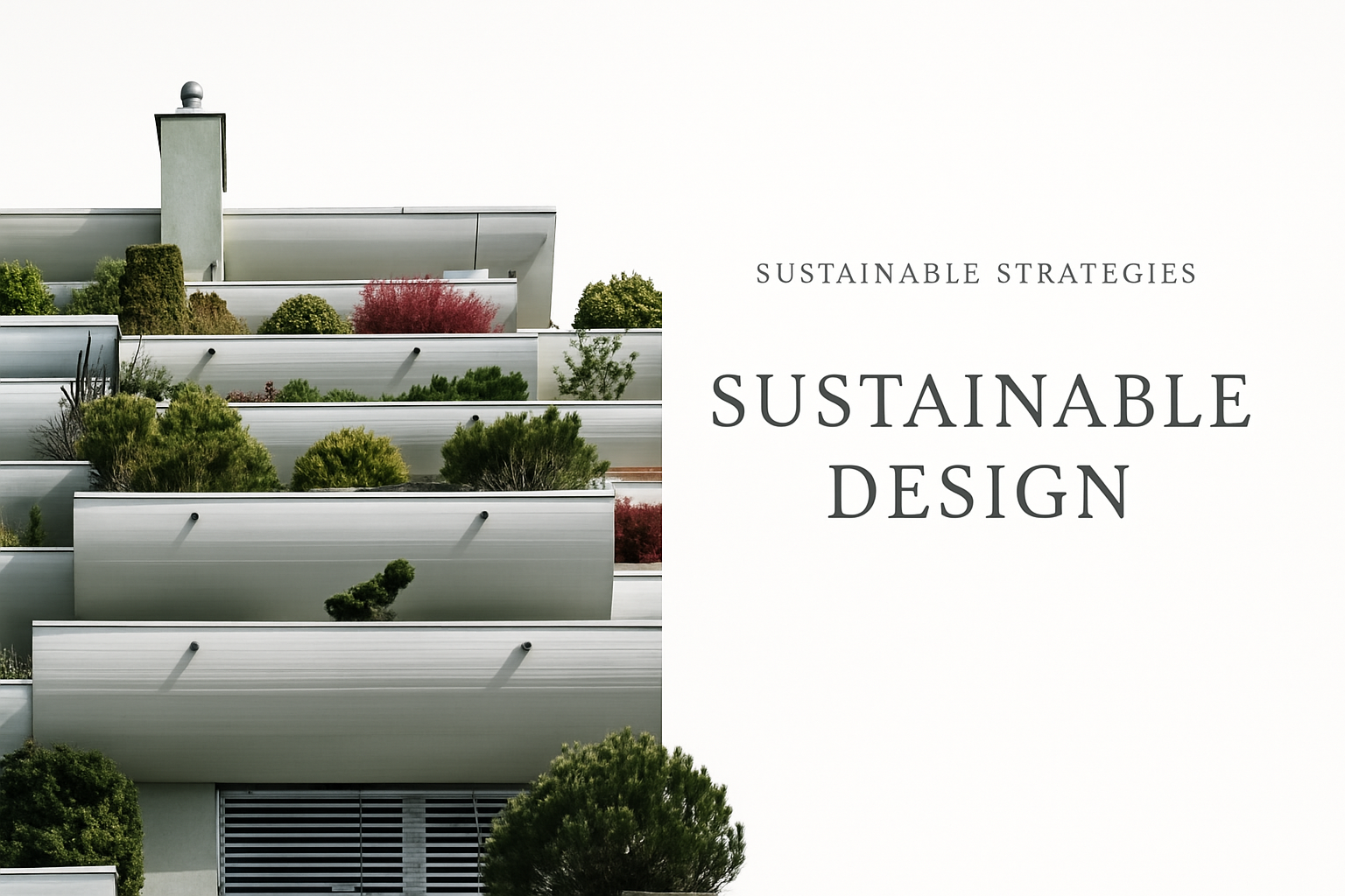 Modern sustainable building with tiered balconies and greenery.